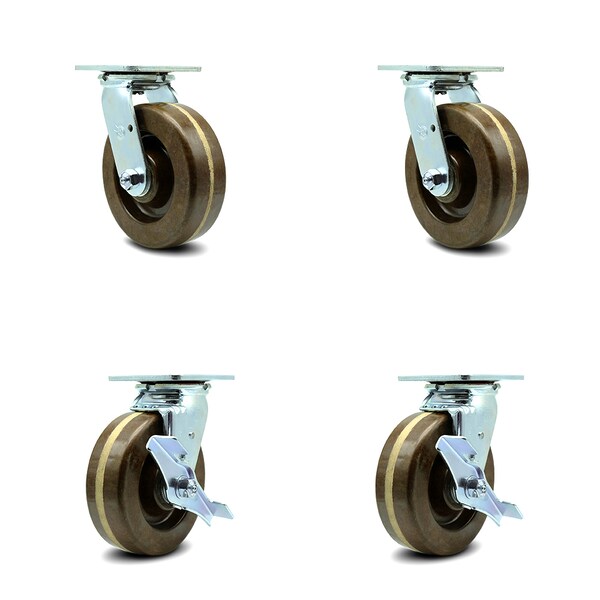 6 Inch High Temp Phenolic Swivel Caster Set with Roller Bearings 2 Brakes SCC